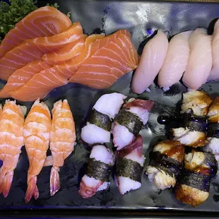 Salmon sashimi, nigiri: shrimp, yellowfin, octopus, unagi