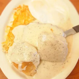 CHICKEN FRIED STEAK, BISCUITS AND GRAVY, HASH BROWNS