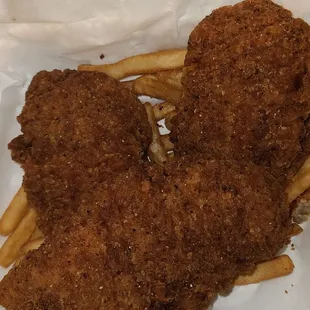 Overdone chicken strips, skip the breading, the chicken is nice after removing it.