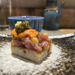 Fatty tuna with uni (sea urchin) and caviar and mango