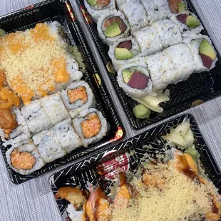 Shrimp tempura roll, spicy crab roll, titanic roll, salmon avocado roll and tuna avocado roll!