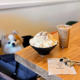 Injeolmi Bingsu: Korean Roasted Soybean Shaved Ice ($13.95) + Iced Caramel Macchiato w/ extra shot, oat milk ($7.45)