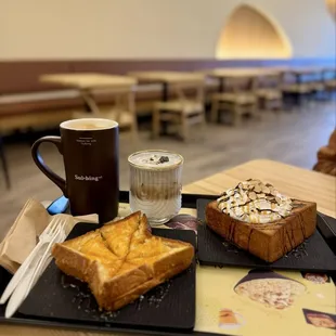 Cappuccino, black sesame cloud latte, honey butter toast, mozarella injeolmi toast