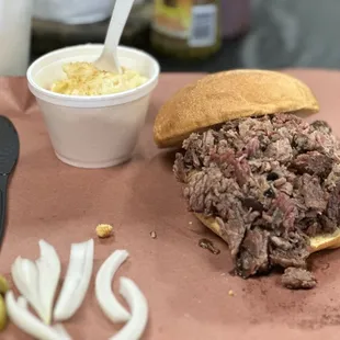 Chopped BBQ sandwich and Mac-N-Cheese