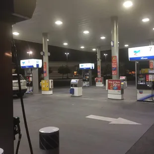 a gas station at night