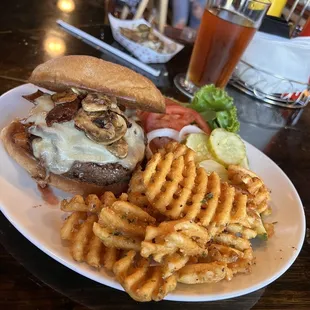 Mushroom Swiss burger w/ waffle fries