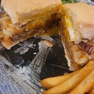 a cheeseburger and fries