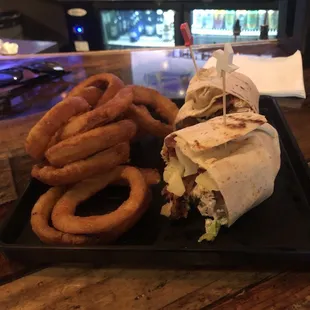 Fried chicken bacon wrap with o-rings.