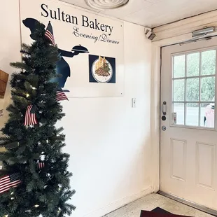 a christmas tree in front of a door