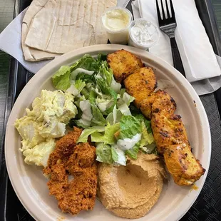 Chicken Kebab, spicy Hummus, Muhamara, Cesar salad