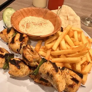 Chicken Kebab, fries &amp; hummus platter