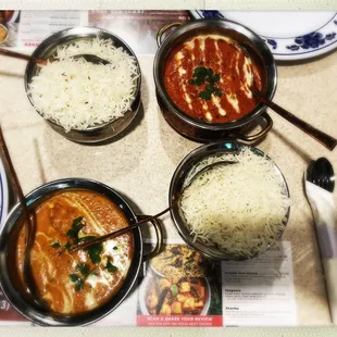 Butter chicken and Tiki Masala ordered spicy.