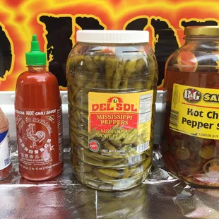 Hot sauce selection.