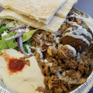 Chicken Shawarma, Greek Salad, Hummus, and Falafel