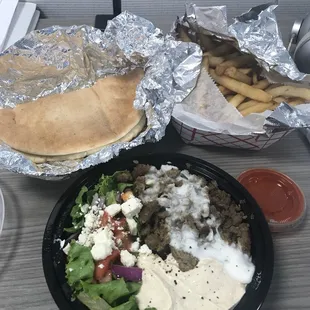 Lamb and beef bowl (small) with side fries.