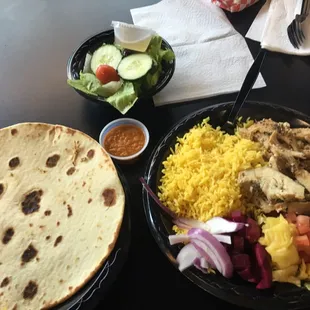 Chicken shawarma plate $9.99 comes with a drink.