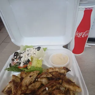 Chicken Shawerma, hummus, salad, drink