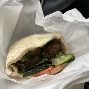 Falafel sandwich- best falafel ever! Not dense, these are light and fluffy.