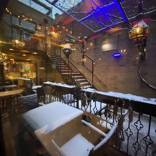 a view of a snowy patio