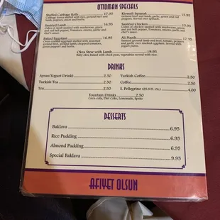 the menu and prices