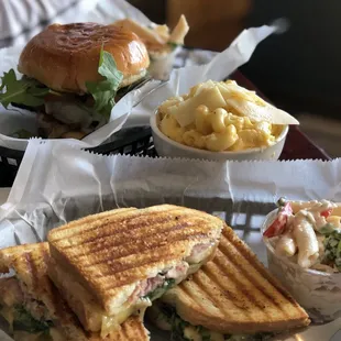 a sandwich, macaroni and cheese salad and macaroni salad