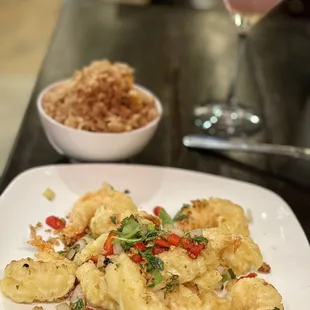 Salt &amp; Pepper Shrimp w/ fried rice - $20. Just OK. Would've preferred crispier shrimp. That lavender martini ($17) was FIRE though.