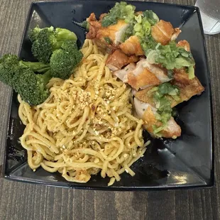 Roasted chicken with garlic noodles