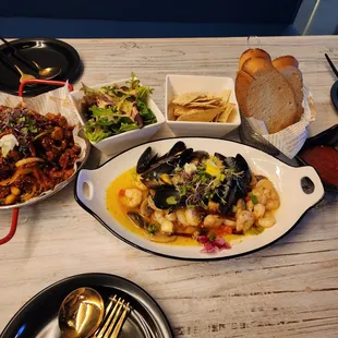 gambas and salad . and Mala beef