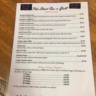 menu for lunch and dinner specials