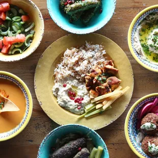 SUMAC MEDITERRANEAN FEAST: vegan dolma grape leaves, chicken kabob, falafel, kafta kabob, vegan tomato soup