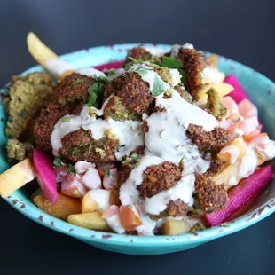 LOADED VEGAN FALAFEL FRIES. A top menu choice!