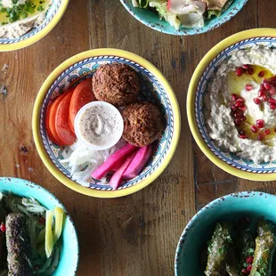 SUMAC MEDITERRANEAN FEAST: hummus, fattoush, baba ghannouj, vegan dolma grape leaves, kafta kabob, falafel