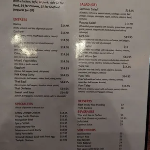 Menu: entrees, salad, desserts, drinks, sides