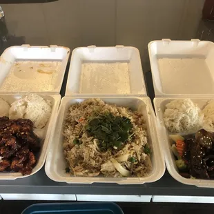 From left to right. Garlic chicken, fried rice with chicken, Mongolian beef.