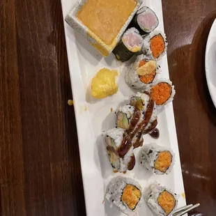 Yellowtail Scallion, spicy tuna, spicy salmon, and tempura Jean rolls.