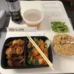 Hibachi Combo steak and shrimp, miso soup, fried rice and a few of the edamame we received free.