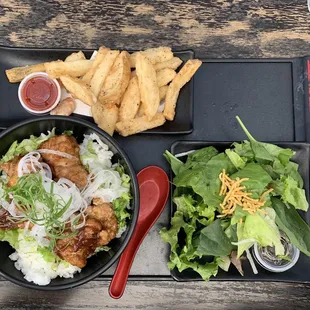 Karaage Don, fries w/ shiitake dressing