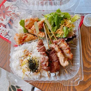 Yakitori Bento B: chicken thighs, beef short rib, pork belly, add chicken gizzard.