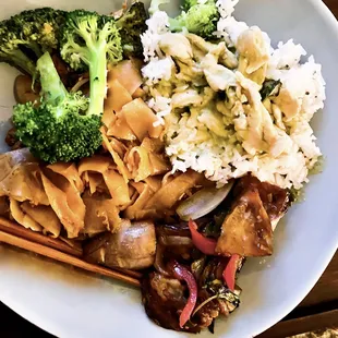 Pad See You, Eggplant Grapow, Green Curry of Greens and Tofu with Chicken