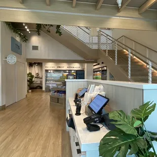 Down stairs has a self check out and coffee bar