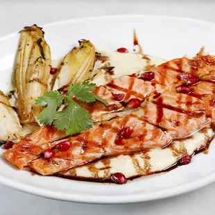 New Zealand Big Glory Bay Salmon w/ Mashed Potatoes, Pomegranate Reduction and Endive
