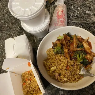 Chicken with Broccoli, Egg Roll, Egg Drop Soup, Wonton Soup, (not pictured) Orange Chicken