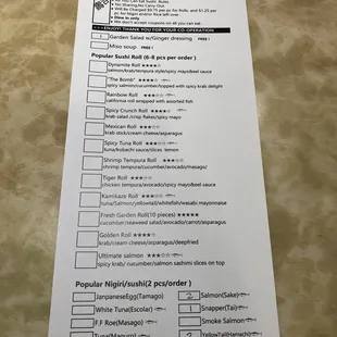 AYCE menu