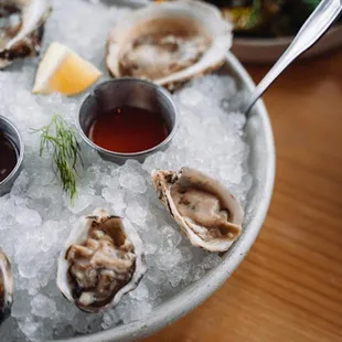 a platter of oysters on ice
