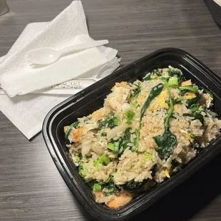 Tofu Thai Fried Rice Dinner with spinach and broccoli added