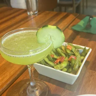 Spicy Garlic Edamame  Cucumber martini