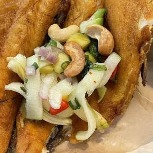 Yum Turmeric Trout topped with the Green Apple Mango Salsa