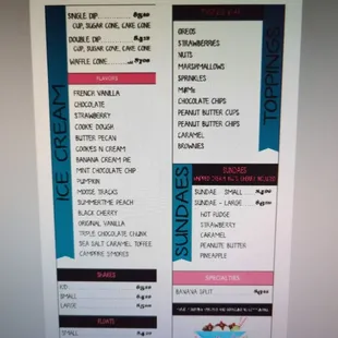 a menu for ice cream