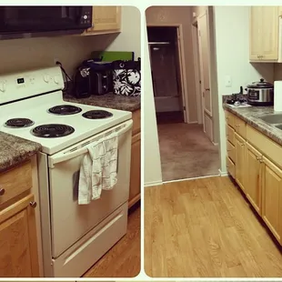 The apartments have been updated with faux granite counters and wood floors. Love them. They add a nice touch to the apartment.