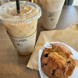 Iced V Latte, blueberry muffin, iced chai.